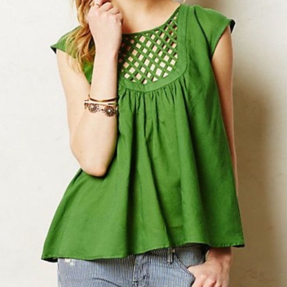 HD in Paris Green Lattice Yoke Cap-Sleeve Blouse